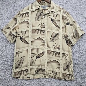 Tori Richard Silk Shirt Mens Large Tan Embroidered‎ Tropical Bird of Paradise